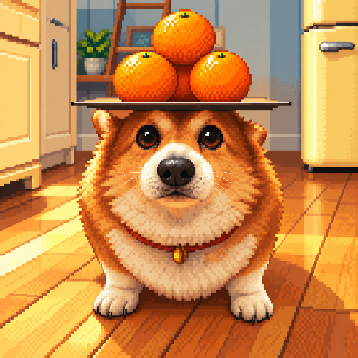 The original corgi with three oranges balanced on his head