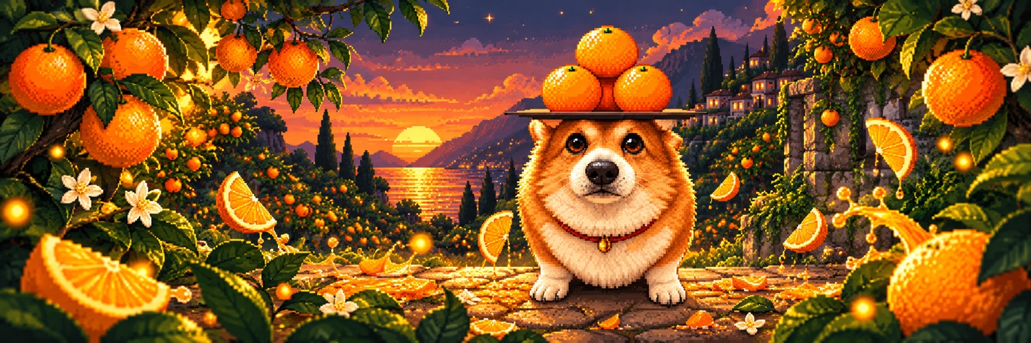 PULPUL the corgi crowned with three oranges in a glowing citrus grove